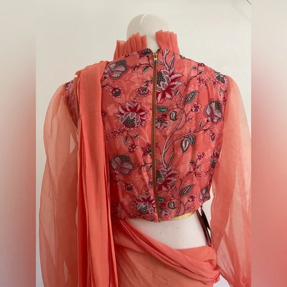 Floral Coral Dress with Sheer Sleeves - Picture 4 of 4